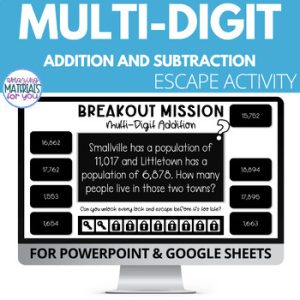 Multi Digit Addition & Subtraction Escape Activities & Worksheet 4th & 5th Grade