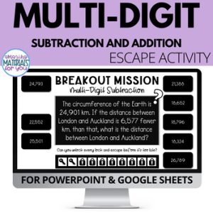Multi Digit Subtraction & Addition Escape Activities & Worksheet 4th & 5th Grade