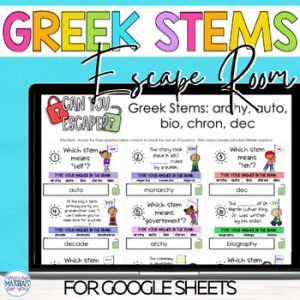 Word Work Greek Stems archy auto bio chron dec Digital Escape Activity